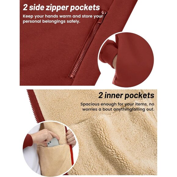 Mens Winter Hoodie Full Zip Fleece Sherpa Lined Warm Red Casual Sweatshirt - Picture 6 of 6